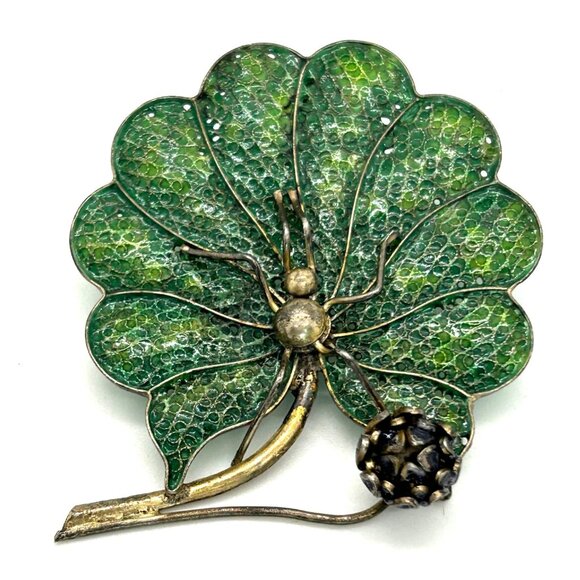 Vintage Art Deco Spider Brooch Green Leaf Flower 800 Silver Gold-tone Wash - Picture 5 of 16